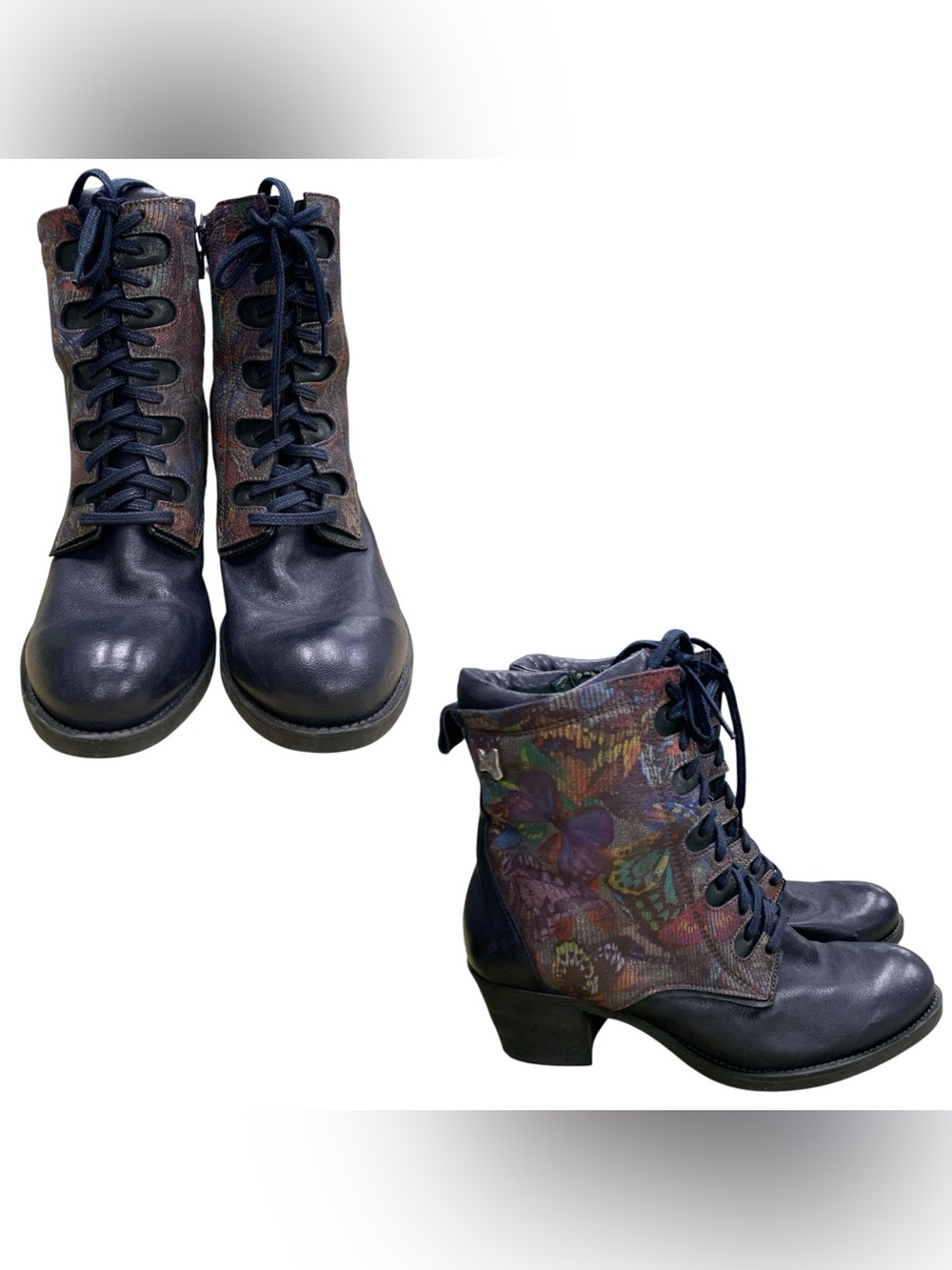 Portfino Lace-Up Ankle Boots in Navy with Multicolor Patterned Upper S10.5